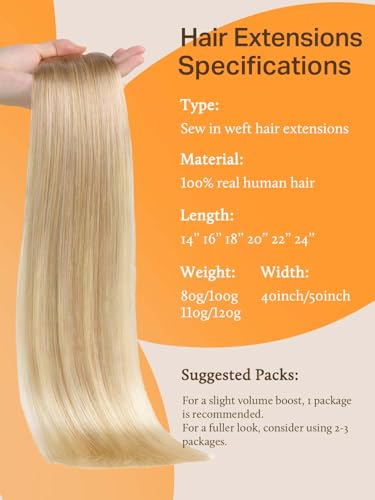 Image of DOORES Human Hair Extensions, 24 Inch 120g Dirty Blonde Mixed Platinum Blonde, Hand-Tied Weft Hair Extensions, Real Human Hair