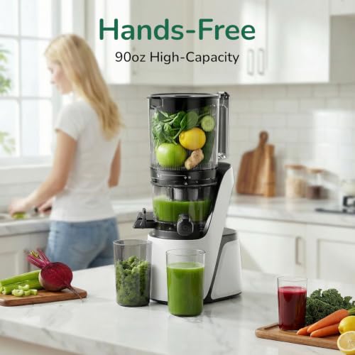 Image of Canoly 3-in-1 Cold Press Juicer C16, Makes Juice & Sorbet & Nut Milk | 6 inch Extra Wide Feed Chute, Durable AC Brushless Motor, Self Precut System, Juicer Machines with BPA-Free (Pearl White)