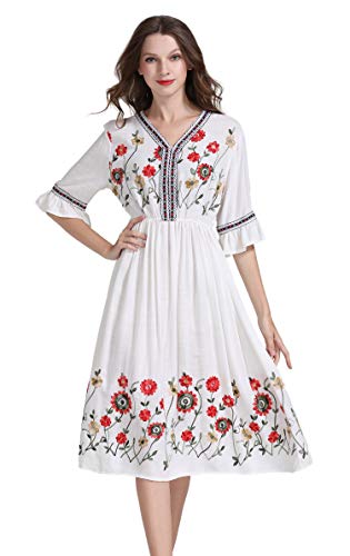 Image of Shineflow Women's Short Sleeve Mexican Embroidered Floral Pleated Midi A-line Cocktail Dress