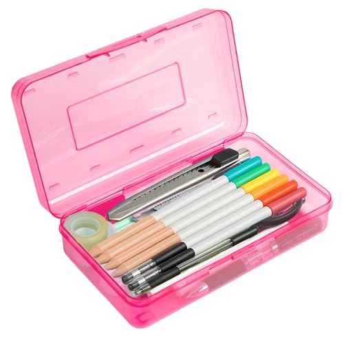 Image of Pink Clear Large Plastic Hard Pencil Box Case for Girls Boys, Crayon Box for School Supplies and Office Supplies