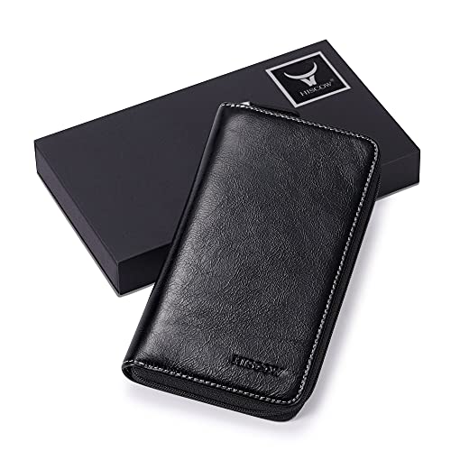 Image of HISCOW Leather Checkbook Cover, Zippered Wallet, Antiqued Black | Full grain cowhide, 5cc & ID window, personal check book & register pockets, removable duplicate divider, women secure zipper