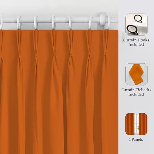 Image of Triple Pinch Pleated Blackout Curtains Thermal Insulated Room Darkening Curtains for Bedroom /Livingroom Pack of 2 Panels, Tiebacks, Hooks (Brunt Orange)