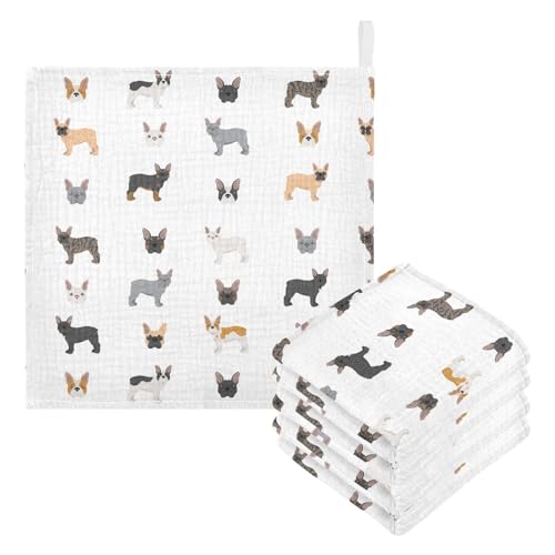 Image of vvfelixl Baby Cotton Washcloths Different French Bulldog Infants Bath Towel for Unisex Puppy Face Towels for Newborn, Natural Baby Wipes Delicate Skin, 11.8 X 11.8 inch, one sizex5