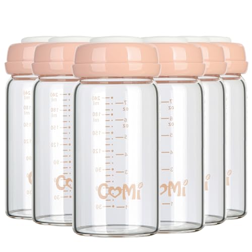Image of COMI Wide Neck Glass Breastmilk Collection n Storage Bottle, 8oz with Screw Ring Sealing Disk; Re-markable Sealing Disc. BPA Free, Fits Breast Pumps & Nipples (6 Pink Lids)