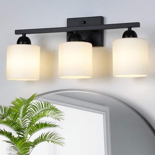 Image of Mecgirn Milk Glass Vanity Lights for Bathroom, 3 Light Matte Black Bathroom Light Fixtures Over Mirror, Ceramic E26 Sockets Wall Mounted