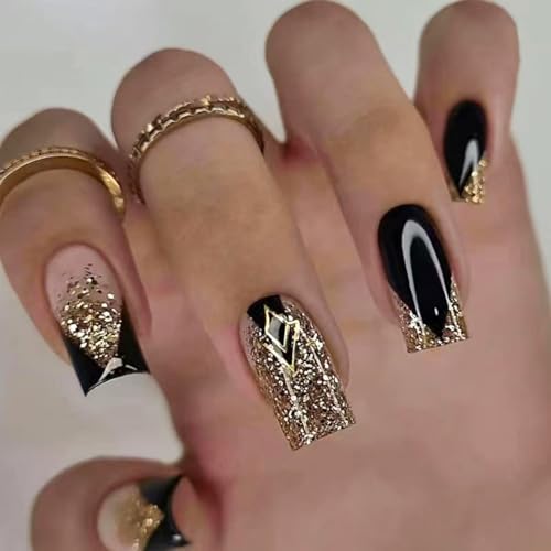 Image of Gold Glitter Press on Nails Black Full Cover Fake Nails with French Tip Design Glossy Glue on Nails Reusable Artificial Acrylic False Nails Medium Square Stick on Nails for Women Girls Manicure 24Pcs