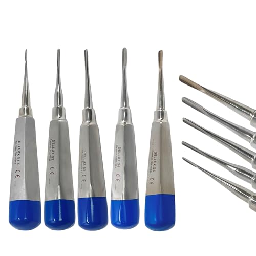 Blue Handle Straight Tipped Apical Root Luxating Elevator Picks | 1.5mm, 2mm, 3mm, 4mm, 5mm | German Stainless Steel Dental Tools - 5pcs Bundle