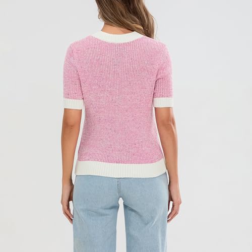 Image of Womens Short Sleeve Button Down Cardigans Sweater Cropped Lightweight Crew Neck Elegant Knit Tops with Pockets