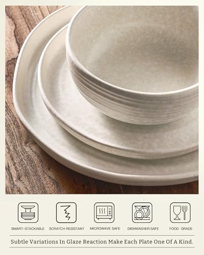 Image of Famiware Pluto Stoneware Dinnerware Sets, 12-Piece Double Reactive Glaze Plates and Bowls Sets, Dishware Sets for Everyday & Formal Dining, Irregular Edge Dishes, Service for 4, Matte Beige White