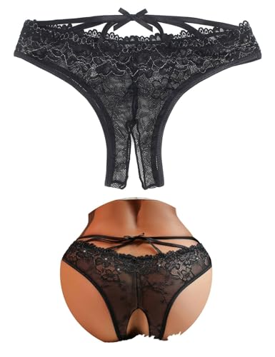 comeondear Tangas Sexy Mujer Abierto Tanga de Encaje Talla Grande Bragas Brasileñas Tanga Abierta Sin Entrepierna Thong Transparente String Ouvert Cintura Baja Divertida Underwear Sexy Lazo Negro,XL