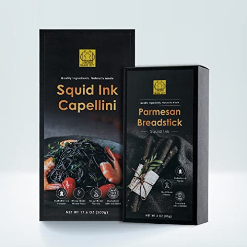 Bundle of Black Hut Squid Ink Pasta with Breadsticks, Skinny Capellini, Natural Ingredients, Spaghetti for Adult and Children, Contains Molluscs