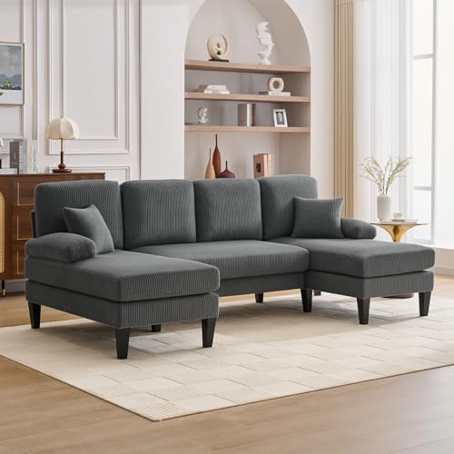 Image of 98 inch Sectional Couches for Living Room, U Shaped Couch with 18 inch Seat Height, 4 Seater Couch Set with Double Chaise for Apartment, Living Room Sofas, Corduroy, Grey