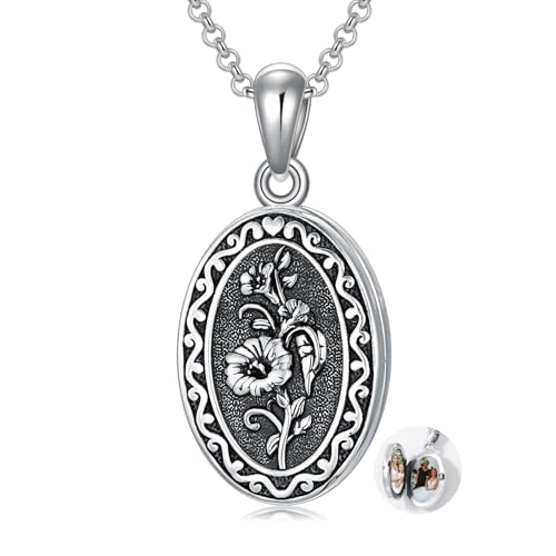 Birth Flower Photo Locket Necklace 925 Sterling Silver 12 Month Locket Necklace with Picture Birth Flower Photo Jewelry Gifts for Women Mother Mom Daughter