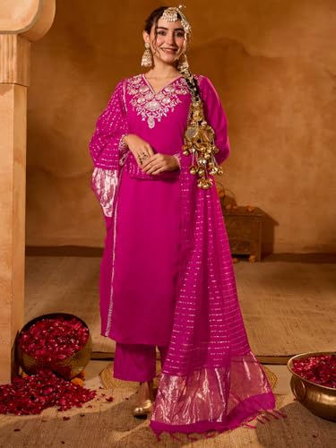Image of Naixa Women's Viscose Silk Embroidered Straight Kurta with Pant | Viscose Jacquard Dupatta Set | Full Sleeve | V-Neck | Festive (Available in Plus Size)