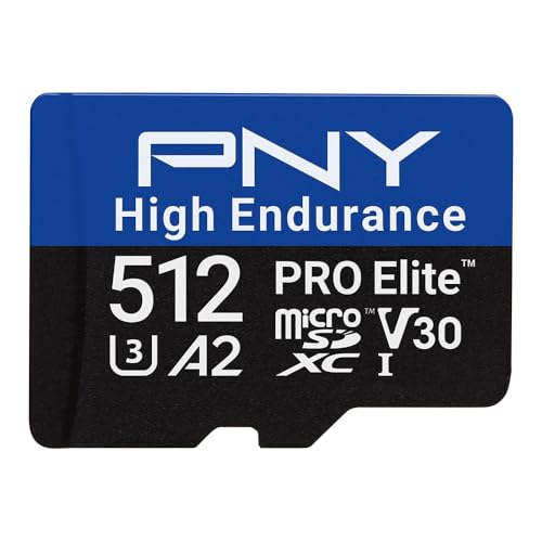 PNY Carte mémoire microSDXC 512Go Pro Elite™ High Endurance C10 U3 V30 A2 – Jusqu'à 100/90 Mo/s en Lecture/écriture, 4K UHD, Full HD, UHS-I, Surveillance, Enregistrement continu, caméra embarquée