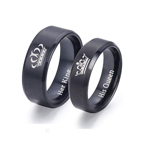 LAVUMO King and Queen Rings for Couples - 2pcs His Hers Stainless Steel Matching Ring Sets for Him and Her - Promise Engagement Wedding Band Black Comfort Fit2