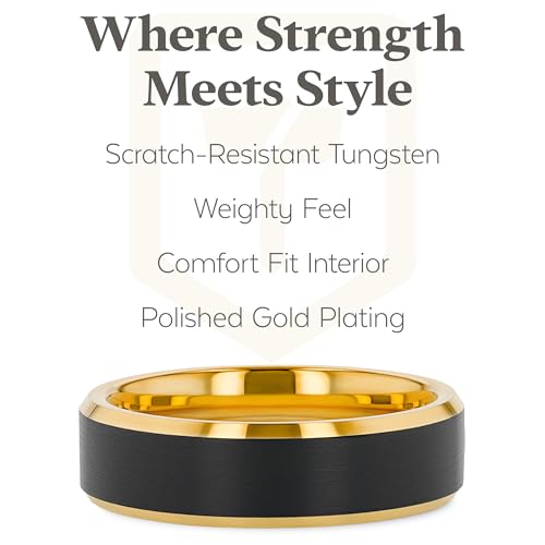 Thorsten Gaston Gold-Plated Tungsten Carbide Mens Wedding Ring – Flat Black Matte Brushed Inlay with Comfort Fit – Durable, Elegant Mens Wedding Band or Engagement Ring2