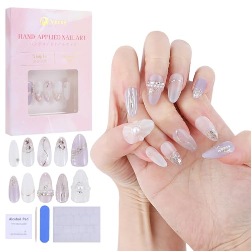 Yacey Handmade Press on Nails Short Almond, Reusable Soft Muti-Gel False Nails Press Ons, Purple Thick Acrylic Fake Nails, 3D Artificial Bling Glossy Glue on Nails for Women Girls (10 Pcs, M)