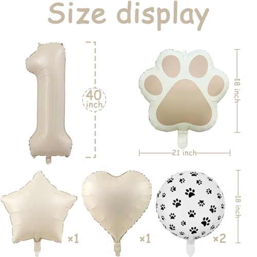 Image of 1st Birthday Dog Paw Balloons Set,18'' Paw Prints, Heart,Star,Paw Shaped Foil Balloon 40 Inch Cream Number 1 Helium balloons for Puppy Themed Baby Shower First Birthday Party Decorations Supplies 6PCS