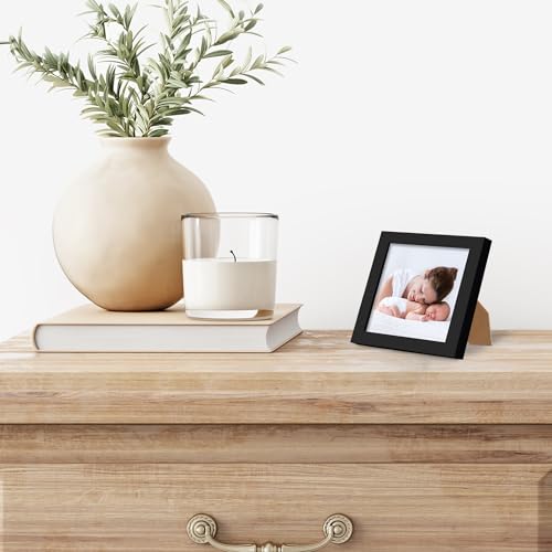Americanflat 3x3 Picture Frame with Polished Crystal-Clear Glass - Streamline Collection - Thin Border Square Frame for Tabletop Display - Easel Stand Included - Black