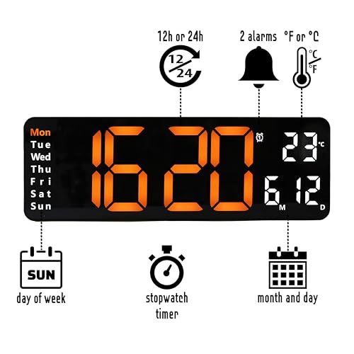 Image of Opis Clock 1 (XL 13'' Orange & White): The Colorful Retro Rectangular Digital Wall Clock, Digital Clock Wall, Digital Clock: Date and Day of Week, Wall Clock with Temperature, Timer and Counter