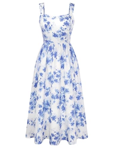 Belle Poque Women's Floral Midi Sundress with Pockets Sweetheart A Line Spring Summer Dresses for Wedding Guest White Blue M