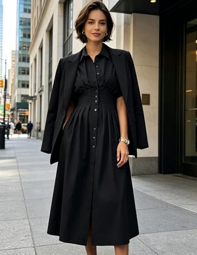 Image of Yeokou Shirt Dress for Women Summer Casual Short Sleeve Button Down Loose Pleated Maxi Sundress with Pockets