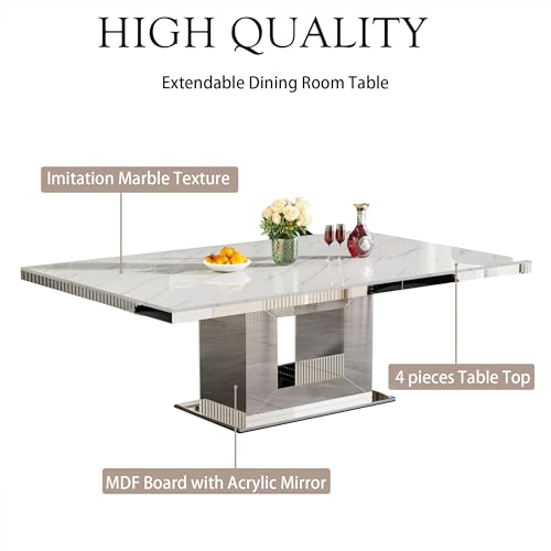 Image of 94.5 inch Rectangular Dining Table for 6 8 10, Modern White Extendable Kitchen Table, Large Long Dining Room Table with Mirrored Pedestal for Dining Kitchen Living Room