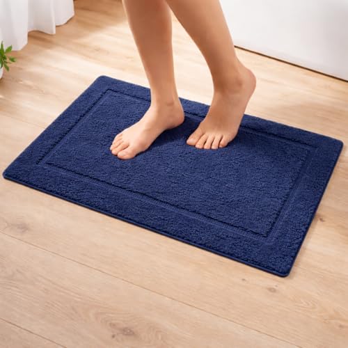Image of Premium Combed Cotton Tufted Bathmat 50 x 80 cm, 1800 GSM Soft Absorbent Anti Skid Bathroom Floor Mat with Latex Backing, Quick Dry Non Slip Bath Rug for Shower Daily Use, Race Track Navy