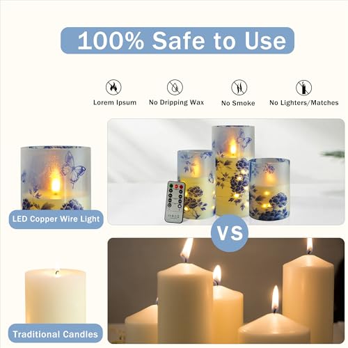 Image of Flameless Candles with String Lights - Set of 3 Chinoiserie Battery Operated Candle Flickering Floral LED Pillar Candles with Timer Remote for Home Decor Romantic Ambiance