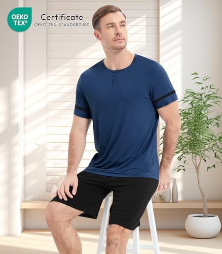 Image of NACHILA Pajamas Set for Men-Viscose Made from Bamboo, Short Sleeve Sleepwear Cool Pjs with Shorts Pants Soft Loungewear