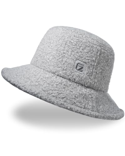 GADIEMKENSD Sherpa Fleece Fuzzy Bucket Hat with Memory Wire, Warm Faux Fur Plush Furry Winter Fall Hat for Women, Fluffy Teddy Sherpa Lamb Fisherman Cap Stylish Fashion Grey