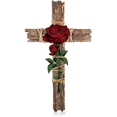 Chunful Wood Wall Cross Handmade Wall Cross with Hemp Rope Rose Wooden Wall Mounted Holy Cross Wall Cross Art Religious Home Living Room Decor Cross Accessory for Home Decoration and Gifts Cover