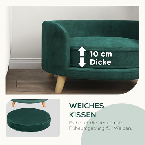 PawHut Hundesofa, Haustiersofa mit Samtoptik, Katzensofa mit Kissen, Hundebett, Hundecouch mit Erhöhtem Design, Hundesessel mit Holzbeine, Grün, 68 x 68 x 35 cm