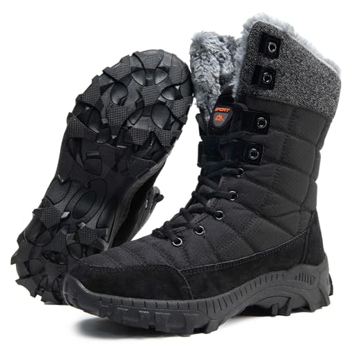 Maxome Mens Snow Winter Boots Warm Fur Lined Ankle Walking Boots for Men Waterproof Anti-Slip Mid Calf Hiking Walking Shoes Outdoor Lightweight Snow Shoes Black