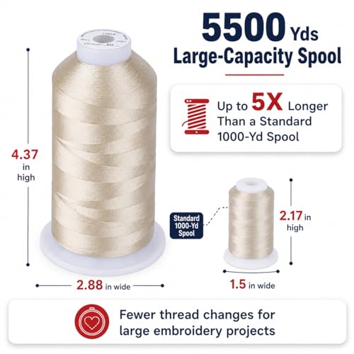 Image of Simthread 5500Yds /5000M 40WT Polyester Embroidery Thread Beige 843 | High-yardage 5000M spool offers smooth feeding and stable 40WT polyester thread for home and commercial embroidery machines.