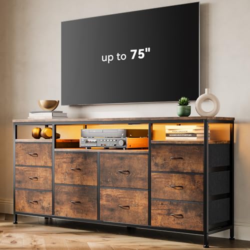 63.3 Inch Dresser for Bedroom, 10 Drawer Dresser TV Stand for 65 70 75 Inch TV, Fabric Chest of Drawers with LED Lights & Power Outlets, Long Entertainment Center for Closet, Living Room, Entryway