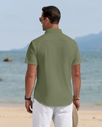 Image of J.VER Mens Linen Shirt Short Sleeve Button Down Casual Summer Shirts | Cotton Linen, Untucked, Big Tall, from Beach Camp Vacation, Cruise Fishing, Work Office, to Wedding Party Family, with Pocket