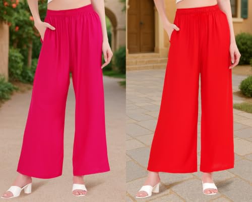 Image of Buy That Trendz Palazzo Pants for Women Rayon Elasticated Regular Fit Flared Wide Leg M to 6XL Pack of 2
