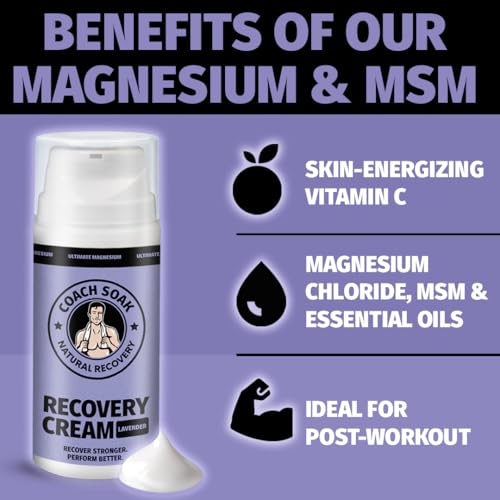 Coach Soak Magnesium Cream with MSM in Pump Bottle - Natural Recovery Cream with Magnesium Chloride & Menthol - Fast-Absorbing for Muscles & Joints, Lavender 3.4oz