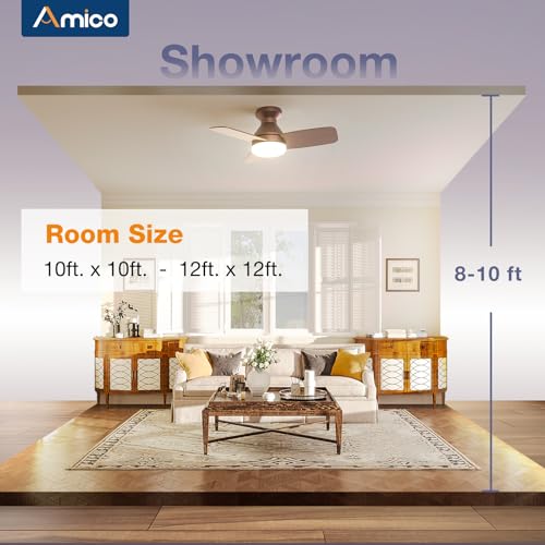 Image of Amico Ceiling Fans with Lights, 30 inch Low Profile Ceiling Fan with Light and Remote Control, Flush Mount, Reversible, 3CCT, Dimmable, Noiseless, Brown Ceiling Fan for Bedroom, Indoor /Outdoor Use