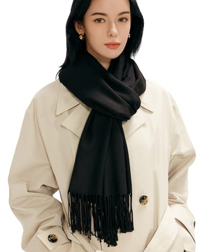 MaaMgic Schal Damen Warm Winter Herbst unifarben Baumwolle mit quasten/fransen, 40+ Farben Einfarbig & Kariert Pashmina xl Stola Schals MEHRWEG,Black Schwarz