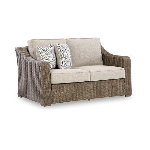Image of Signature Design by Ashley Carmel Bay Outdoor Loveseat with Cushion, Beige | All-weather resin wicker over rust-resistant aluminum frame, Roomy 60-inch seating, Fade-resistant cushions