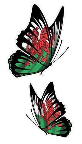 Sticar-it Ltd Handed Pair of Butterflies with Welsh Wales CYMRU Flag Motif Vinyl Car Sticker decals