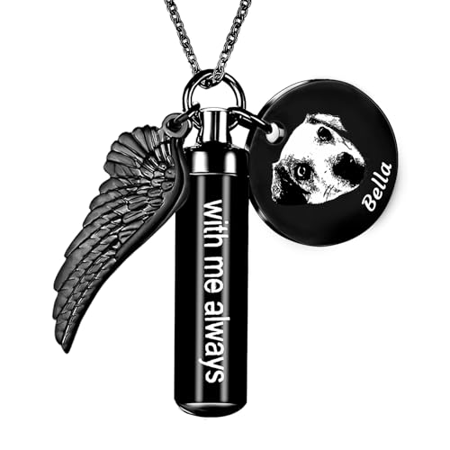 Custom Cylindrical Stainless Steel Necklace, Personalized pet name and portrait,Urn Pet Ashes Burial Jewellery,Memorial Pendant with Angel Wings,