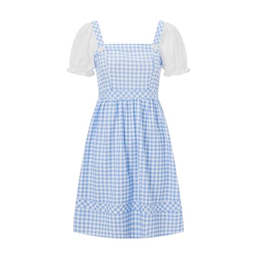 Edhomenn Vestido de Halloween para mujer, de manga corta, cuello cuadrado, encaje, retazos, a cuadros, minivestido acampanado con dobladillo con volantes, bonito vestido de cosplay, 05 Azul, S