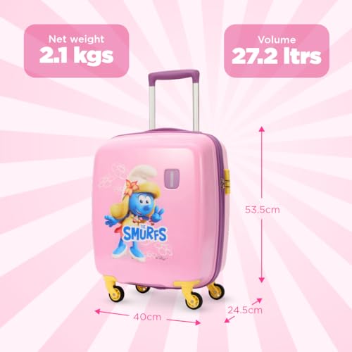 Image of American Tourister Smurfs 53 CM Small Suitcase with Combination Non TSA Lock & 4 Wheels Hard-Sided PC Cabin Luggage /Trolley Bag for Travel /Luggage Bag with Spinner Wheels for Travel- Pink /Purple