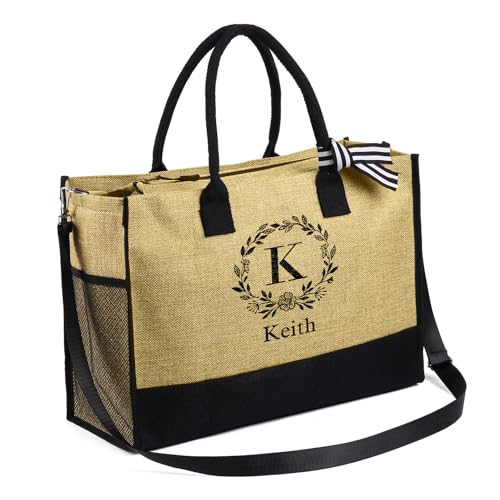 Personalized Canvas Tote Bag for Women - Custom Initial Name Jute Handbag Set with Makeup Bag - Customized Gift for Woman3