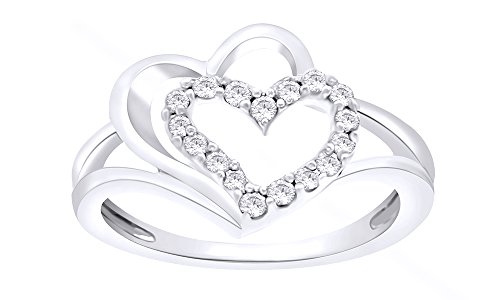 Jewel Zone US White Natural Diamond Double Heart Promise Ring in 14k White Gold Over Sterling Silver (0.1 Ct)