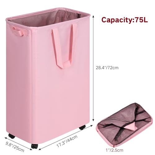 efluky Slim Laundry Hamper with Wheels, Rolling Laundry Basket for Clothes, Small Laundry Basket for Bedroom, Dorm and Laundry Room, 75L (19.8 Gallons) Pink